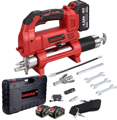 ONEVAN Ingrassatore a Batteria 12000 PSI, Pistola per Grasso Elettrica con Motore Brushless 800W, Serbatoio 600CC, 2 Batterie da 4.0Ah e Accessori Completi, per Auto, Agricoltura e Industria (Rosso)