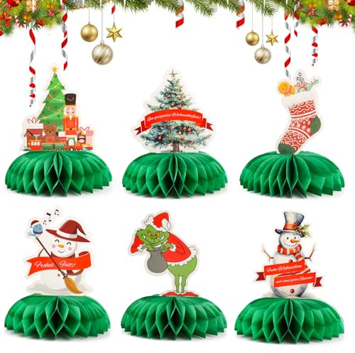 6er-Set Weihnachtsdeko für den Tisch aus Papier: Faltbare 3D Waben-Figuren mit Weihnachtsbaum, Grinch, Weihnachtsmann & Schneemann – Perfekte Weihnachtsdekoration fürs Zuhause
