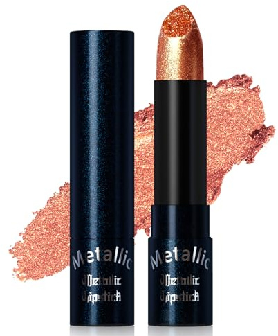 Noerrors Pink Gold Metallic Glitter Lipstick,Shine Diamond Frosted Lip Gloss for Women,High Impact Lipcolor, Transfer Proof Lightweight Long-lasting Silky Smooth Non-sticky Full-coverage Lip Makeup