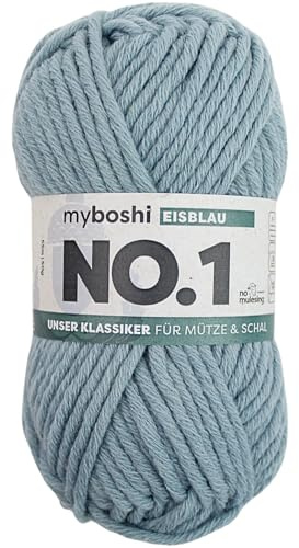 myboshi No.1 Wolle zum Häkeln und Stricken, Schnellstrickgarn, langlebige Mützenwolle, Strickwolle, Häkelwolle, mulesing-frei, 50g, Ll 55m Blau (Eisblau), 1 Knäuel