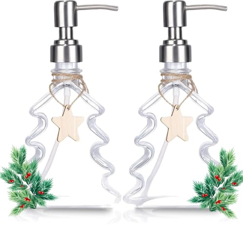 2Pcs Christmas Soap Dispenser with Pump, Clear Glass Hand Soap Dispenser Refillable Empty Container for Liquid, Lotion, Shower Gel 200ml Christmas
