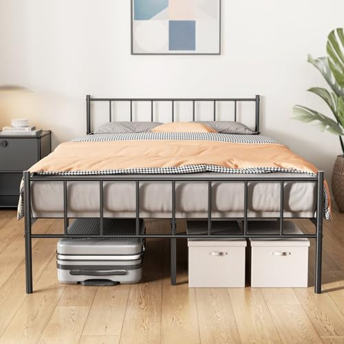 KUTAS Bett 160 x 200 cm, Bettrahmen mit Kopfteil Bettgestell, Höhe 36 cm mit 32 cm Stauraum, 14 Reihen Metalllamellen Bett, Einfach zu Montieren, Geräuschlos, Kein Boxspringbett Erforderlich, Schwarz