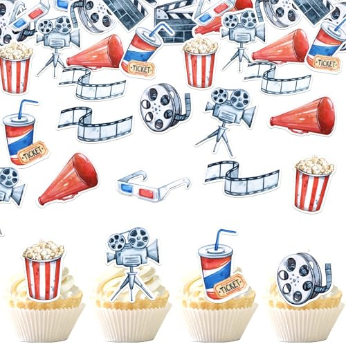 64 Stück Essbare Film Tortendeko Waffelpapier Film Nacht Rolle Cupcake Toppers Gläserne Kamera Popcorn Projektor Hollywood Kuchen Deko für Geburtstag Party Kuchen Dekorationen