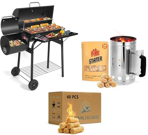 Charcoal BBQ Grill with Offset Smoker + Chimney Starter Kit + 60 Fire Lighters