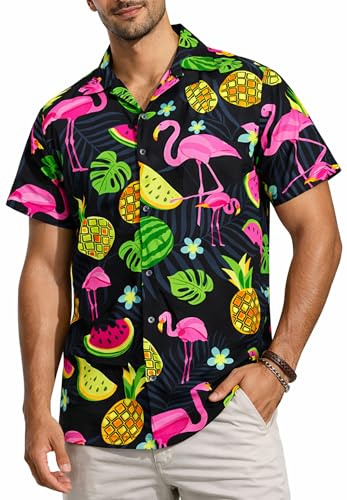 King Kameha Hawaii Hemd Männer - Funky Hawaiihemd Herren Kurzarm, Flamingo Melon, Schwarz, 6XL