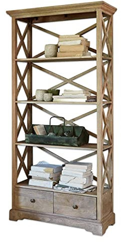 Loberon Regal Vélu, mit Festen Regalböden und Zwei Schubladen, mit Antik-Finish Veredelt, Klassisches Design, Bücherregal, Mangoholz, braun