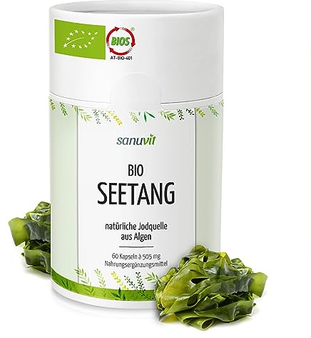 Sanuvit® - Bio-Seetang 500 mg | Biologische Algen, Bio Kelp | Hochdosiert mit 200 µg Jod pro Kapsel | Hohe Bioverfügbarkeit | Qualität aus Österreich | Vegan | 90 Kapseln