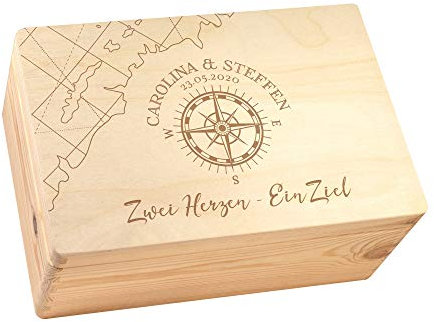 Erinnerungsbox zur Hochzeit, Holzkiste mit Deckel, Hochzeitsgeschenke für Brautpaar, Erinnerungskiste mit Gravur, Personalisiert mit Namen und Datum, Kleine Geschenkbox, Holz Aufbewahrungsbox, Fotobox