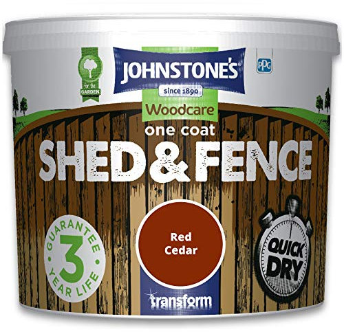 Johnstones Woodcare One Coat Shed & Fence Paint Garden Outdoor Fencing UV Protection Quick Dry 3 Year Life (9L - Cedar Red)