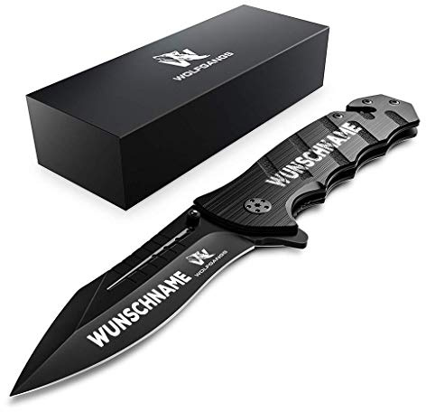 Wolfgangs AUXILUM Einhand Rettungsmesser mit Gravur aus 440C Stahl I Survival Outdoor Taschenmesser mit Namensgravur mit Glasbrecher & Gurtschneider, schwarz