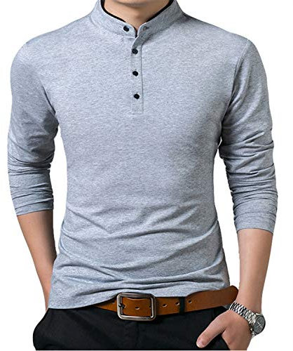 Mens Long Sleeve Polo Shirts V-Neck Cotton Football T Shirt Muscle Slim Fitted Cotton Henley with Buttons Designer T-Shirt Grey, L