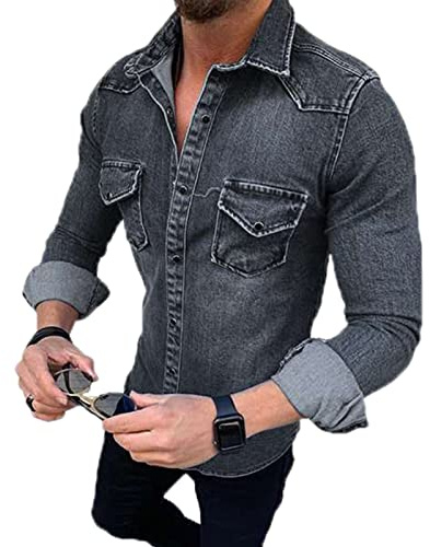 each women Herren Langarm Jeanshemd Slim Fit LäSsiges Hemd Mit DruckknöPfen Turnover Krawattentasche