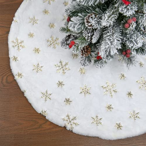 Gonna Albero di Natale, 78 CM/30 Pollice Rotondo Bianco Tappeto Albero di Natale con Paillettes oro Fiocco di Neve,Gonna Albero di Natale Bianca Finta Pelliccia Spessa e Morbida