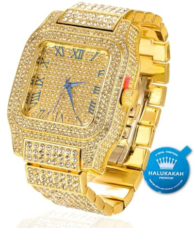 Halukakah Premium Moissanite Diamant Gold Uhr für Männer - 18k Echtgold Beschichtung, Basic Wasserdicht,Römische Ziffern Quadratzifferblatt,3-Seiten Iced Out,24cm Armband - Geschenkbox Inklusive