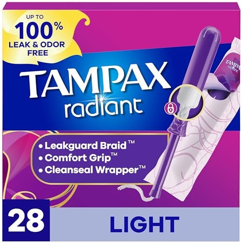 Tampax Radiant Tampons leichte Saugfähigkeit mit BPA-freiem Kunststoff-Applikator und LeakGuard-Geflecht, geruchlos, 28 Stück