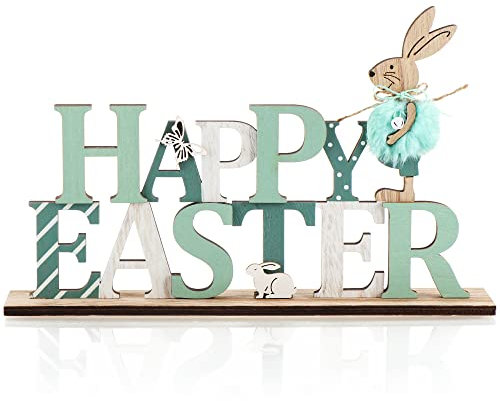 com-four® Deko Aufsteller für Ostern - Schriftzug mit niedlichen Osterhasen - Osterdeko zum Hinstellen - Osterdekoration aus Holz mit Glöckchen (1 Stück - Hase und Schmetterling)