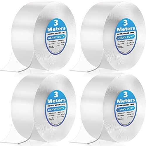 12M Doppelseitiges Klebeband Extra Stark, 4 Rollen Transparent Nano Klebeband Ablösbar, Teppich Klebeband Dünn für Foto Wand, Küche, Zuhause, Auto oder Outdoor