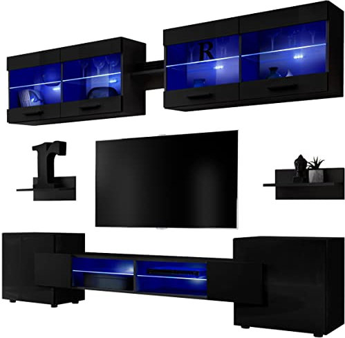 ExtremeFurniture Vision Ensemble Meuble TV Mural de Salon | 2 vitrines suspendues, 3 étagères murales et 1 Meuble TV | RGB | Pratique de Rangement Façade en Noir Brillant