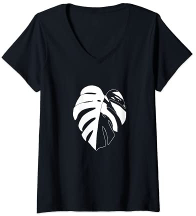 Damen Buntes Monstera-Hemd Monstera Variegata Albo T-Shirt mit V-Ausschnitt
