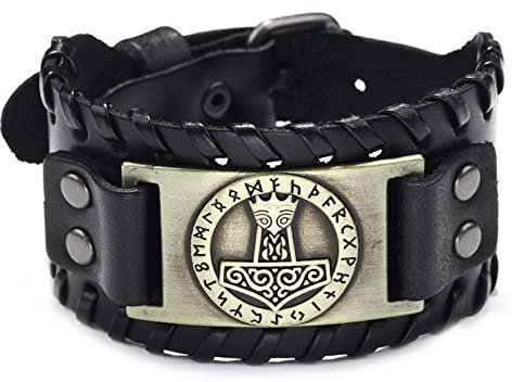 Thors Hammer Muster Armband, Wikinger Lederarmband, Nordische Rune Amulett Armband, Handgemachtes keltisches Knotenarmband, Vintage Armband für Damen Herren (Bronze)