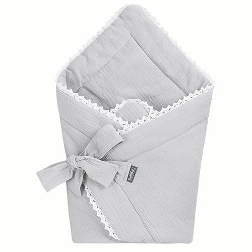 Bellochi 2in1 Baby Einschlagdecke Babyhörnchen - 75 x 75 cm - 100% Musselin Wickeldecke - für Kinderwagen, Babybett oder Kindersitz - Ganzjährig - ÖKO-TEX Zertifiziert - Grau