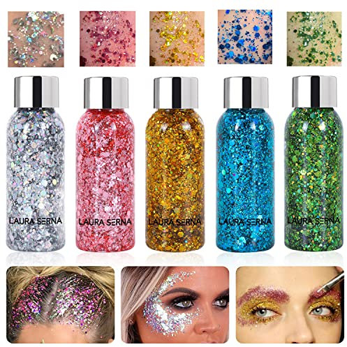 Glitzer Make up Set, 5 Bottle Meerjungfrau Funkelnde Pailletten, Glitzer Gesicht Pailletten, Glitzer Sequin, Festival Glitter Makeup für Körper Gesicht Haare Lippen Festival Masquerade Birthday