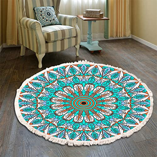 Teppich Rund Bohemian Blume Groß Teppich Mandala Muster Quasten Waschbarer Baumwolle Teppich Wohnzimmer Schlafzimmer (120cm,Blau-Rot)