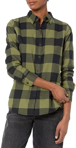 Amazon Essentials Women's Regular-Fit Long-Sleeve Lightweight Plaid Flannel Shirt, Black Olive Buffalo Check, S