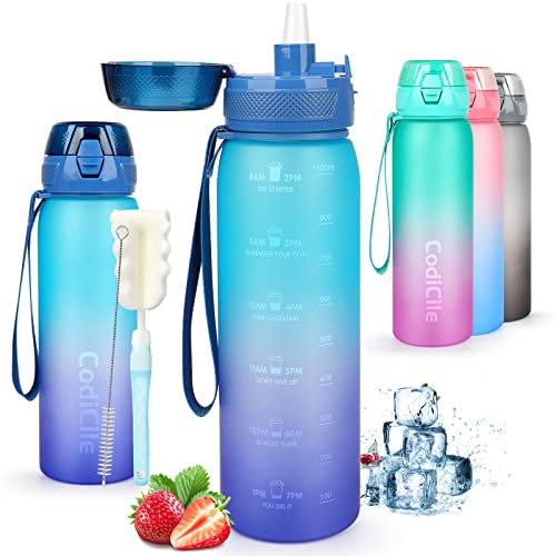CodiCile 1L BPA Free Leak-proof Water Bottle with Straw, Blue Purple, for Gym, School, Office, Commuting
