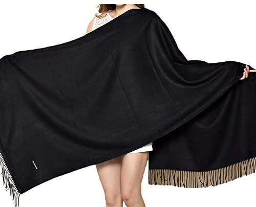 HGJH Strickschal Damen,Winterschals Schwarz Weicher Warmer Schal Dicke Decke Einfarbig Quaste Kaschmir Schal Lang Groß Winterschal Trendige Stola Schals Für Damen Mädchen