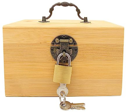 Bîte Tresor Bois Rétro, Coffre Tresor Bois Petit, Boîte en Bois avec Serrure en Forme Cœur, pour Ranger Pièces Monnaie, Papier Monnaie, Bagues, Colliers, Bijoux (14,5*9,5*9,5, Couleur Originale Bois)