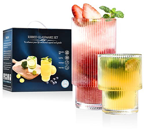 ISMASOAN Ribbed Glass Set, 12 oz & 7 oz Fluted Glass Cups, Stackable Ripple Glassware, Gift Box of 12