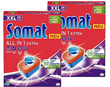 Somat All in 1 Extra Spülmaschinen Tabs (2x54 Tabs), Geschirrspül Tabs für strahlende Sauberkeit auch bei niedrigen Temperaturen, bekämpfen selbst verkrustete Rückstände