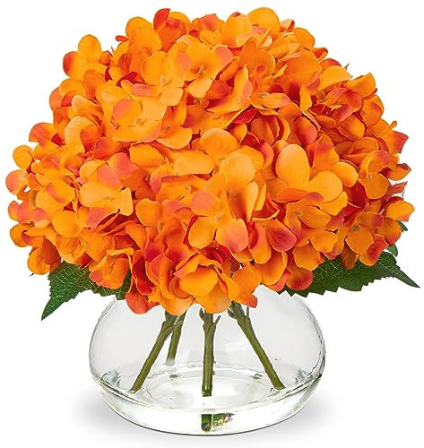 Oairse Artificial Hydrangea Flowers with Vase Silk Fake Hydrangea Flower in Glass Vase with Faux Water Orange Autumn Flower Arrangement for Home Office Wedding Table Centerpiece Autumn Decoration
