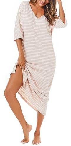 Uniexcosm Chemise de Nuit Femme Coton Chemise Nuit Longue Femme Col en V Manches Robe de Nuit Femme avec Poches D-Rose XXL
