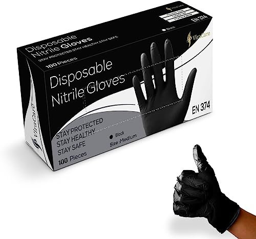 100 x Black Disposable Gloves | Black Nitrile Gloves | Latex free Gloves | Powder Free Gloves | Black Gloves Disposable | Strong And Non-Sterile (Medium, 1 Pack of 100)