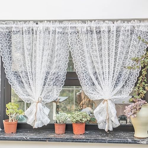Yaland Scheibengardine mit Spitzen Design zarte durchscheinende Gardine in Küche, Wohnzummer Landhausstil 1 Stück, Weiß, BxH 130x100cm