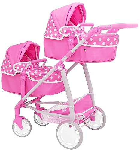 Dolly Tots Poussette jumelle Rose à Pois pour poupées | Double avec poignée réglable et sièges modulables | Convient aux Enfants dès 3 Ans