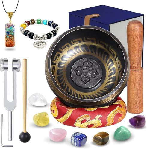 Tibetan Singing Bowl Meditation Set, Sound Bowl, 7 Crystal Stones and Tuning Forks, Chakra Bracelet with Chakra Necklace for Meditation And Sound Healing Spiritual Mindfulness, Unique Gifts for Women