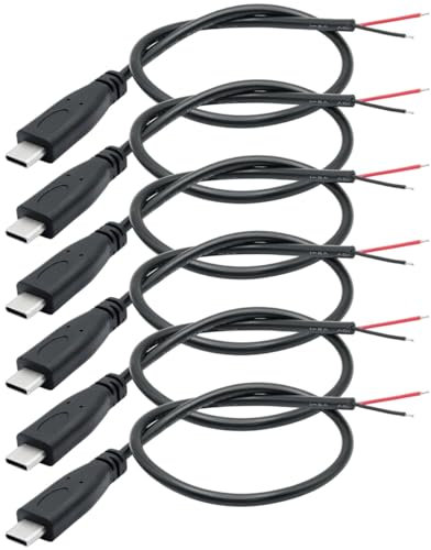 Greluma 6 Pz Cavo pigtail tipo C da 0,25 m, cavo di alimentazione prolunga USB C a 2 fili, cavo maschio tipo C 22 AWG 12 V 3 A, connettore da USB-C a connettore a estremità aperta a filo nudo a 2 pin