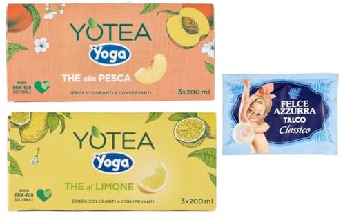 16er-Pack Testpaket Yoga Yotea,Erfrischendes Alkoholfreies Getränk,Eistee mit Zitrone + Eistee mit Pfirsich,200ml Brik + 1er-Pack Kostenlos Felce Azzurra Talkumpuder, 100g-Beutel