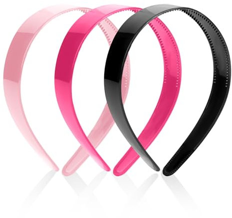KALIONE Lot de 3 bandeaux unis en plastique rigide de 2,5 cm de large avec dents en plastique dur antidérapant pour femmes et filles (rose, rouge, noir)