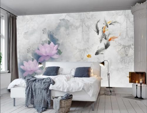 Fototapete Blumen 3D Tapeten 3D Effekt Wohnzimmer Schlafzimmer Vliestapete Mode Retro Karpfen Lotus Zement Wand Natur Grau Graffiti Steinoptik Kinder Tapeten