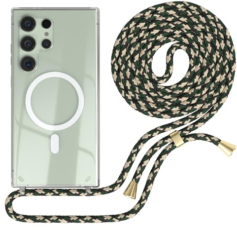EAZY CASE - Handykette kompatibel mit Samsung Galaxy S24 Ultra Kette zum Umhängen Stoßfest Handyhülle für Galaxy S24 Ultra Silikon Hülle mit Band Handytasche Transparent Fallschutz in Grün Camouflage