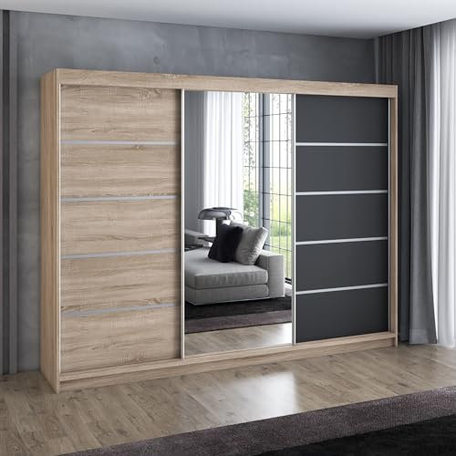 A&J MöbelLand Schwebetürenschrank VILANO 1, 3-türig Schrank 200 cm Kleiderschrank mit 4 Schubladen, und Spiegel (Weiß, Schwarz, Somona) (Sonoma/Sonoma/schwarz)