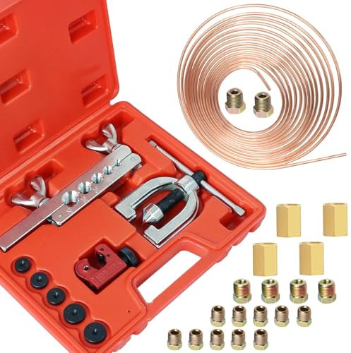 Poweka Kit di Torcitura Tubo del Freno,7,6 m 4.7 mm Tubo di Freno con 16 Raccordi per Tubi del Freno e 4 Viti,Kit Tubi Freno del Freno per Bordatura Semplice e Doppia