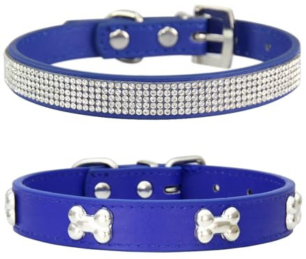 Suiecuor 2 teiliges lederhalsband Hund, hundehalsband Strass welpenhalsband mit Metallknochen Dekoration geeignet für kleine mittelgroße Hunde und Katzen Blau S