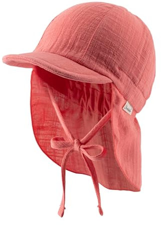 Sterntaler Schirmmütze Nacken Uni - Mädchen Mütze aus luftigem Baumwoll Musselin - Sommermütze mit Nackenschutz - Sonnenhut zum Binden - Baby und Kinder Kopfbedeckung - Koralle, Größe 43