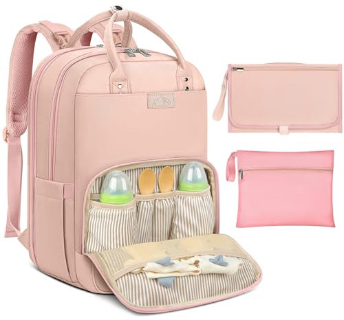 RAINSMORE Sac a Langer Bebe Grand Sacs à Dos à Langer avec 1 Matelas à Langer et 2 Sangles de Poussette Sac à Langer avec Sac Isotherme Unisexe Rose