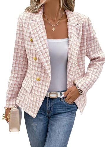 Mina Self 2025 Herbst Damen Tweed Plaid Blazer Jacke – Modischer, schlanker, voll gefütterter zweireihiger lässiger Arbeitsmantel (Taschen), Pink, XL